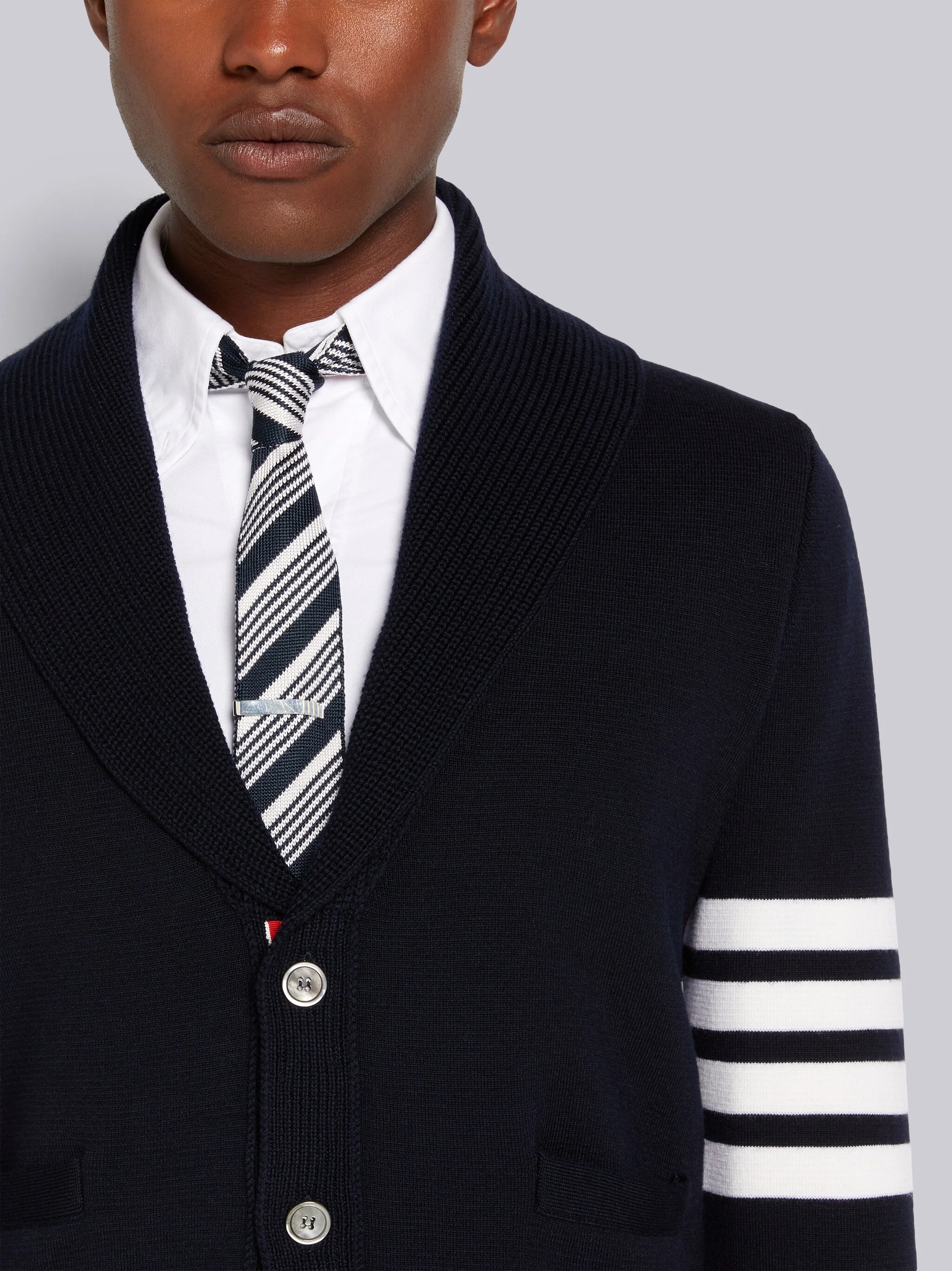 LIGHT GREY MILANO STITCH MERINO WOOL 4-BAR SHAWL COLLAR CARDIGAN - Image 3